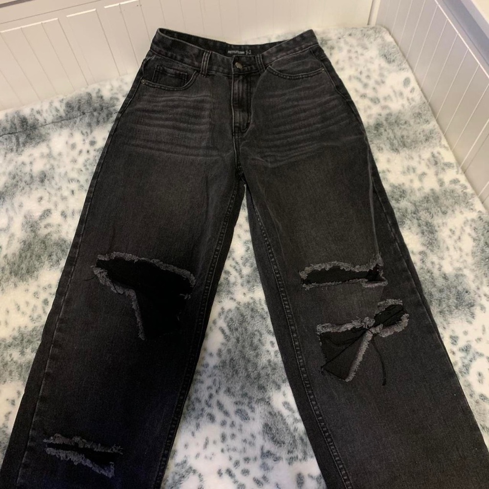 PLT WASHED BLACK BAGGY LOW RISE DISTRESSED BOYFRIEND JEANS